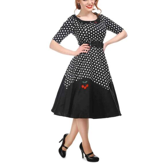 Collectif Retro A-line Swing Dress Polka Dot Black Cherry Size 6 US RUNS SMALL - Picture 1 of 11